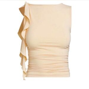 Lioness Rendezvous Sleeveless Ruffle One-Shoulder Top in butter yellow
